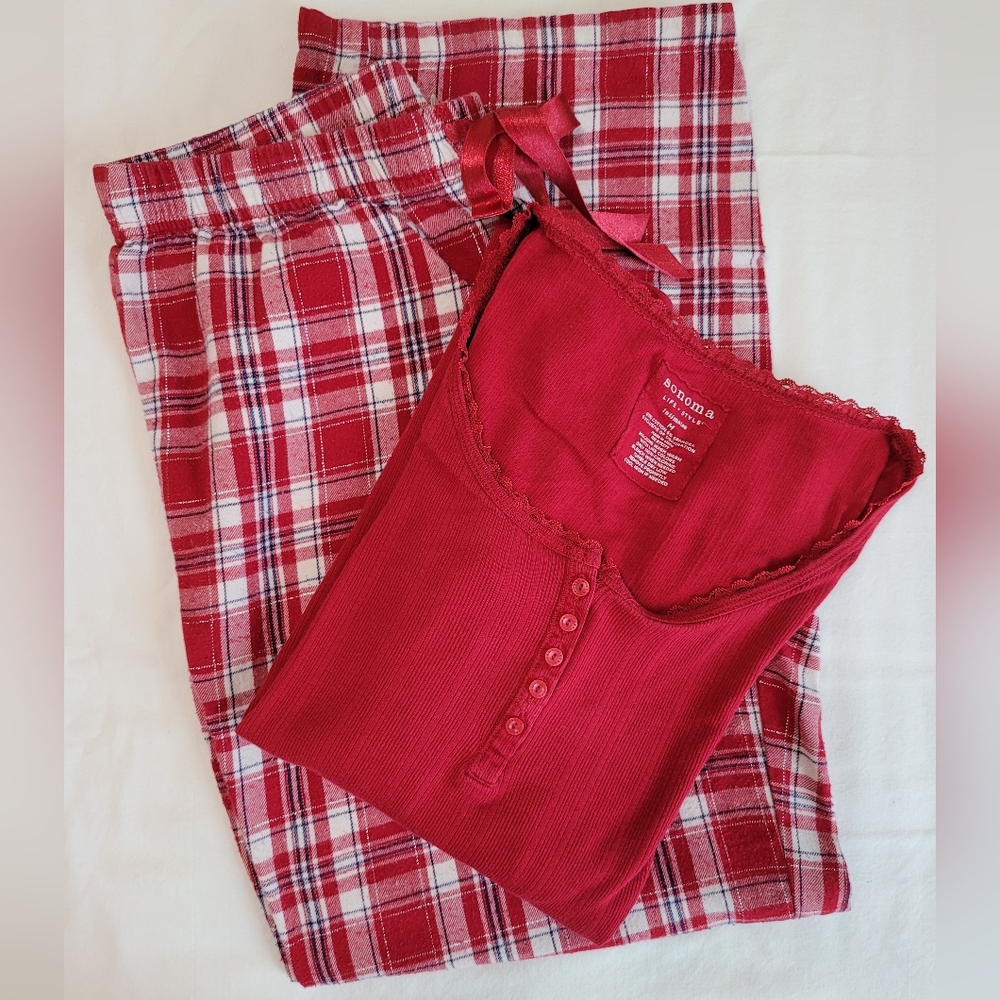 Sonoma Lifestyles Henley and Flannel Pajama Loungeware Set, Red, Sz M, GUC
